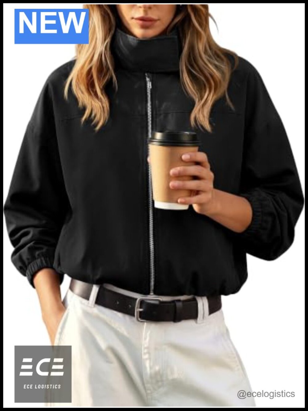 UEAL Women Funnel Neck Lightweight Cropped Bomber Jacket Oversized Zip